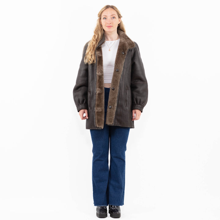 Vintage 90's Women Reversible Sheepskin Coat in Brown