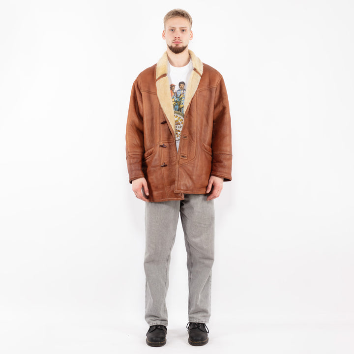 Vintage 80's Men Sheepskin Shearling Coat in Brown