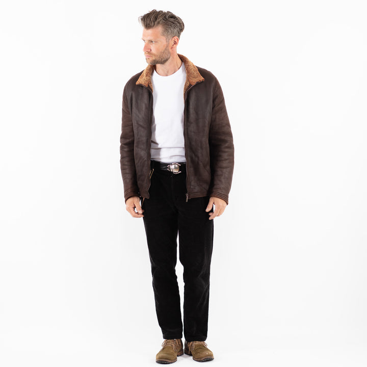 Vintage 90's Men Sheepskin Shearling Jacket in BrownZ1894