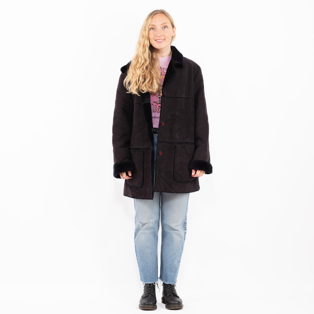 Vintage 90's Women Faux Sheepskin Coat in BlackA0576