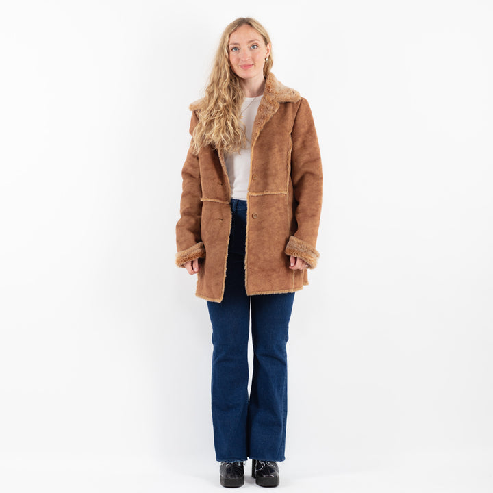 Vintage 90's Women Faux Sheepskin Coat in BrownV9927