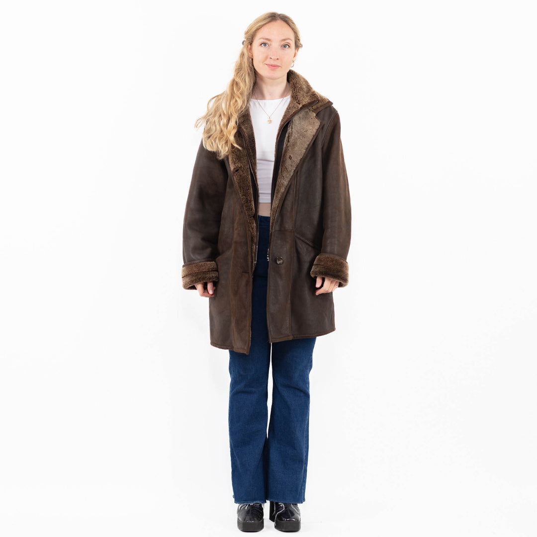 Vintage 90's Women Sheepskin Coat in Brown