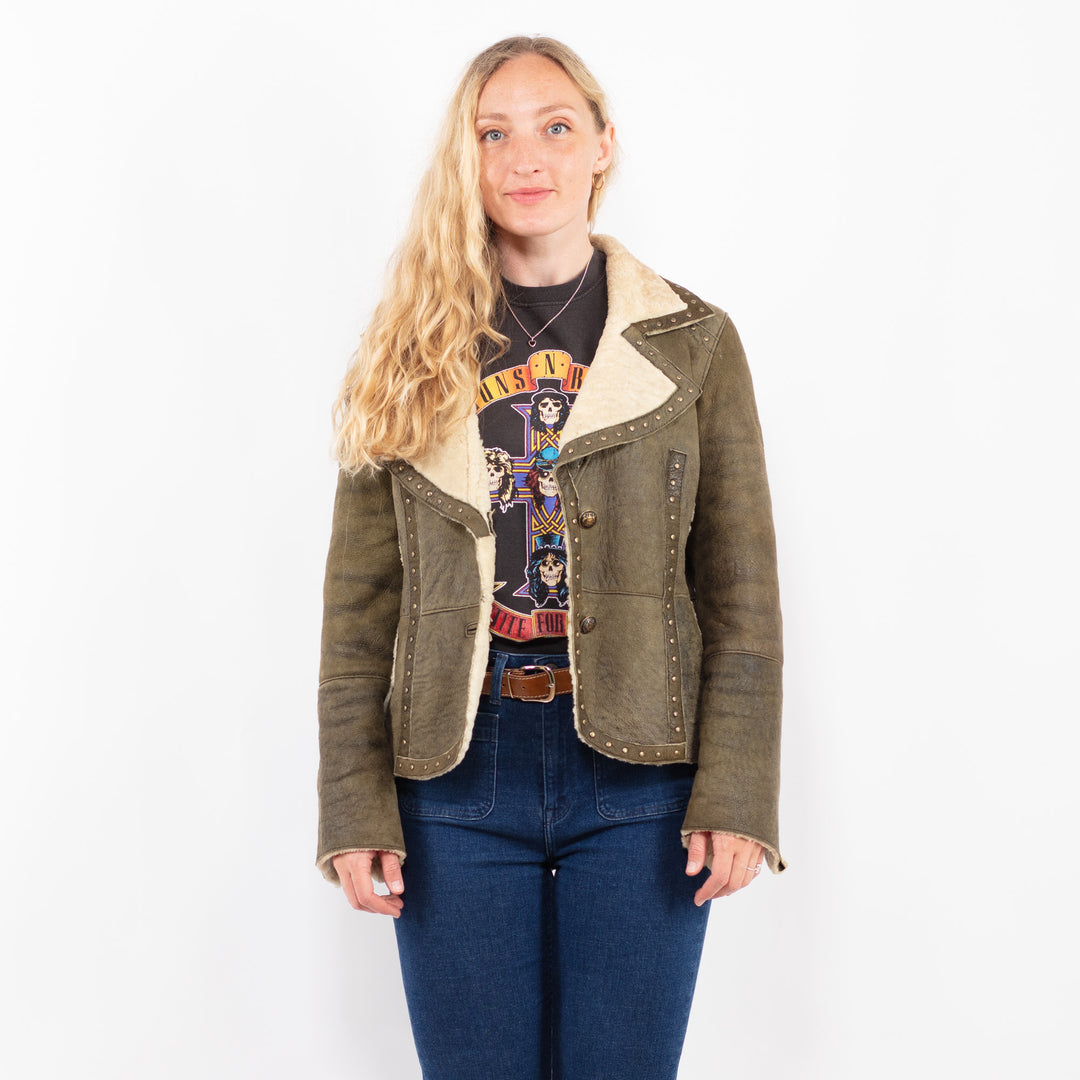 Vintage 90's Women Sheepskin Jacket in Green A0428
