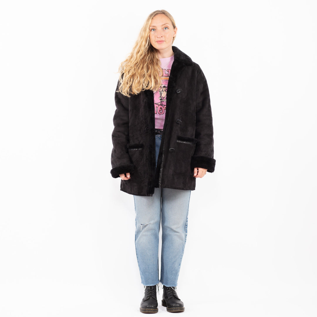 Vintage 90's Women Faux Sheepskin in BlackA0577