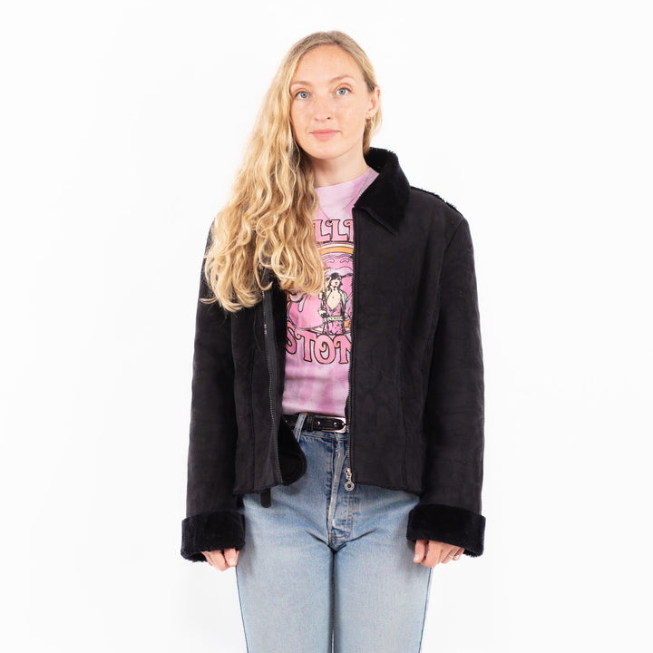 Vintage 90's Women Faux Sheepskin Jacket in BlackA0579