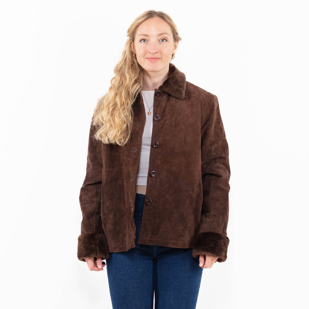 Vintage 90's Women Suede Sherpa Jacket in Brown