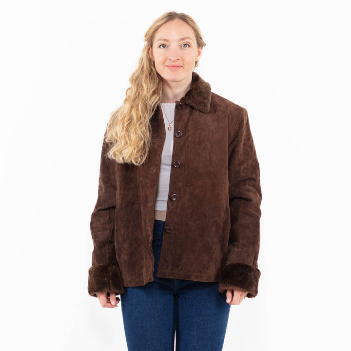 Vintage 90's Women Suede Sherpa Jacket in Brown