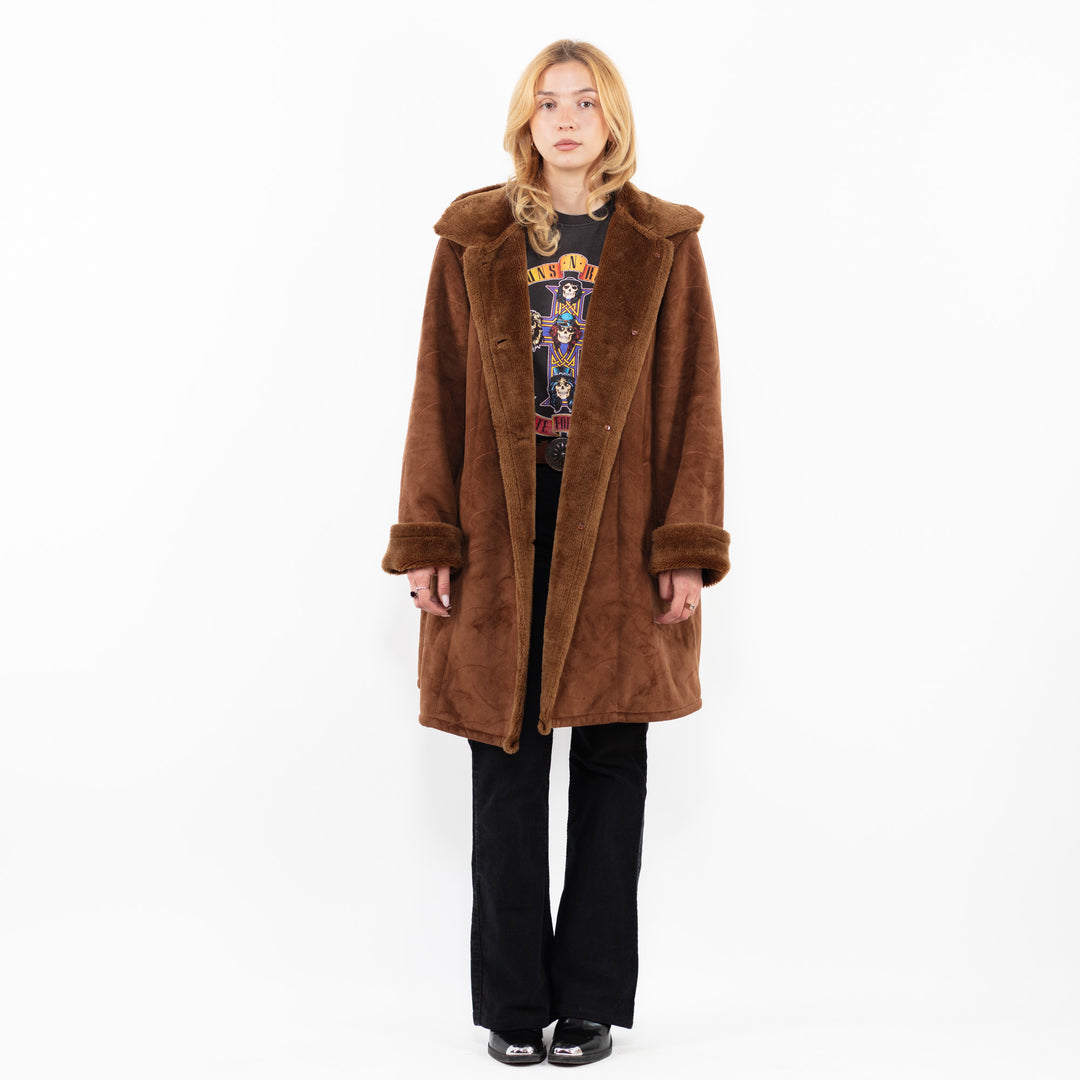 Vintage 90's Women Faux Sheepskin Coat in BrownA0225