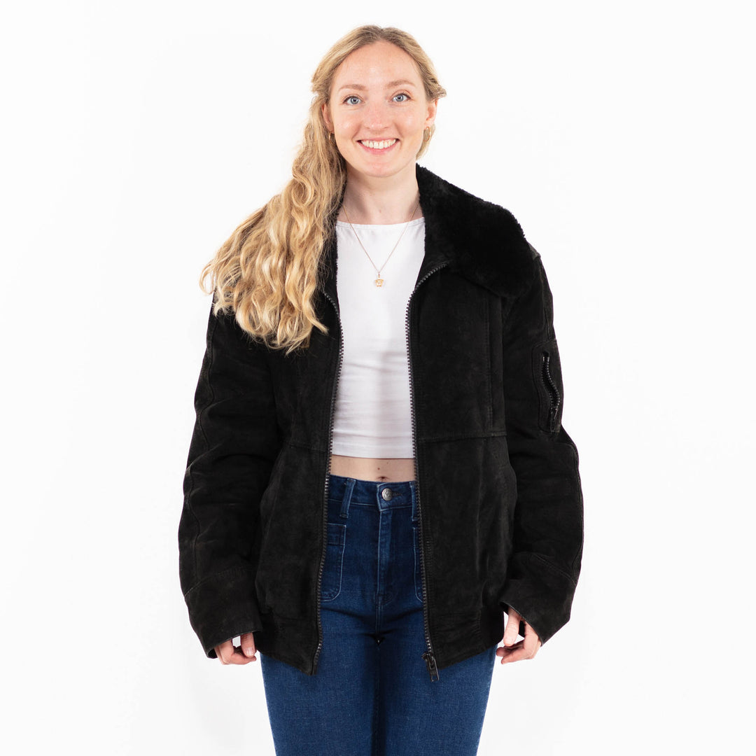 Vintage 90's Women Suede Sherpa Jacket in Black