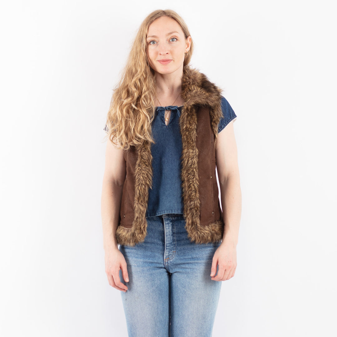 Vintage 00's Women Faux Sheepskin Vest in BrownV9523