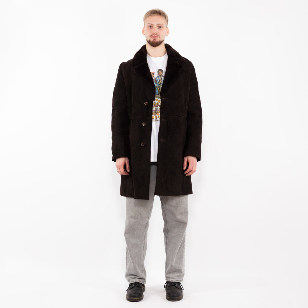 Vintage 70's Men Sheepskin Coat in Dark Brown