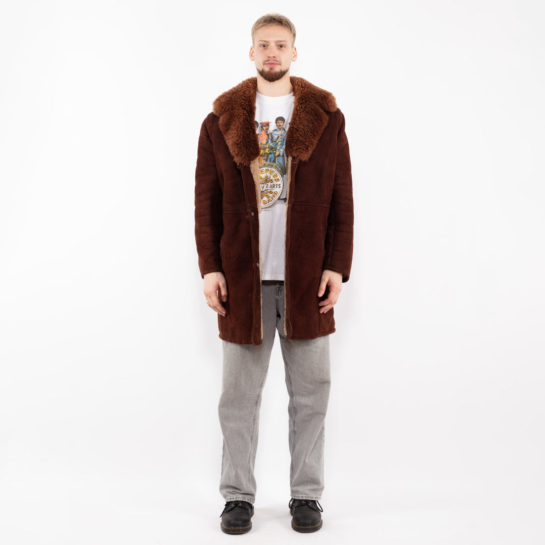 Vintage 70's Men Sheepskin Shearling Coat in Brown