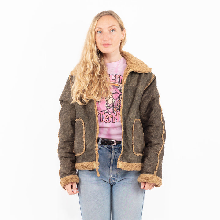 Vintage 90's Women Faux Sheepskin Jacket in BrownA0584