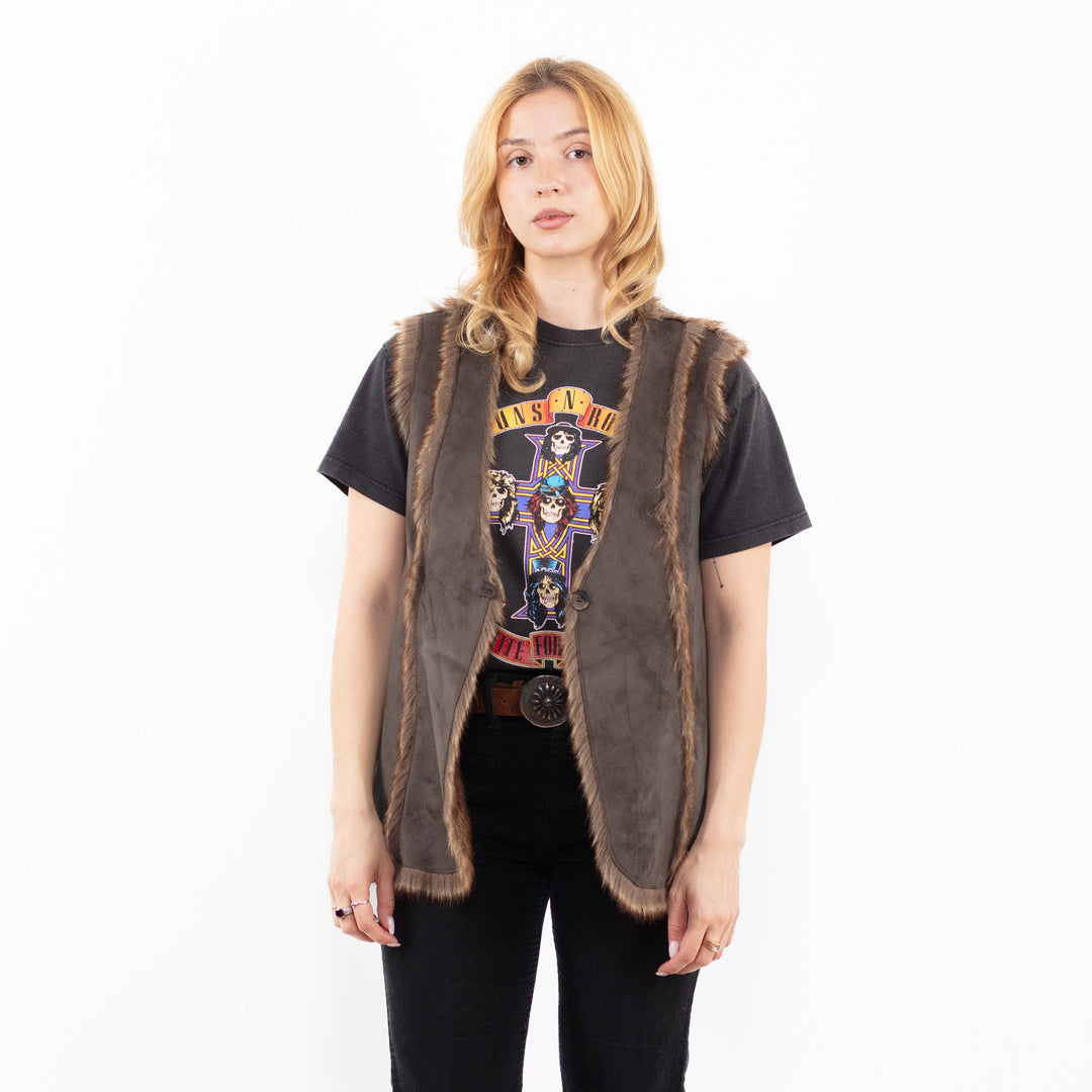 Vintage 00's Women Faux Sheepskin Vest in BrownA0233