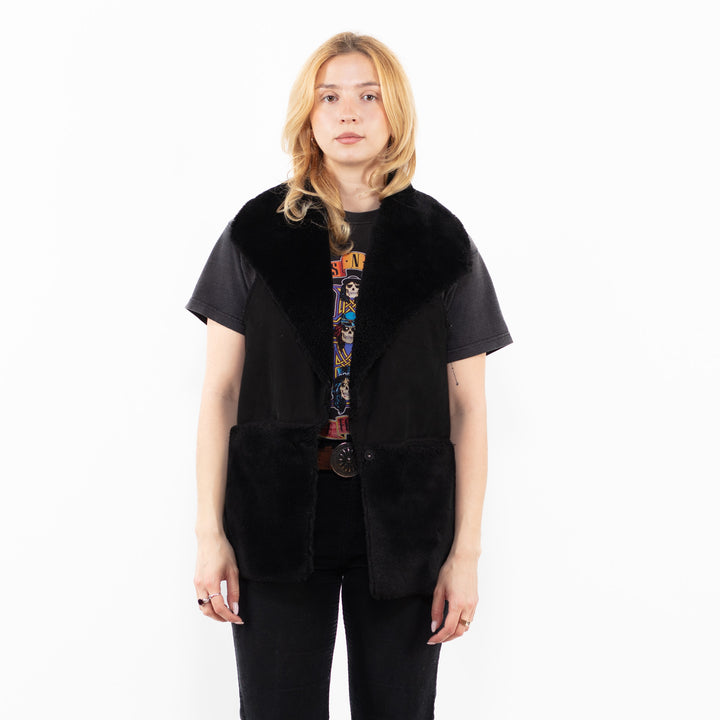 Vintage 00's Women Faux Sheepskin Vest in BlackA0235