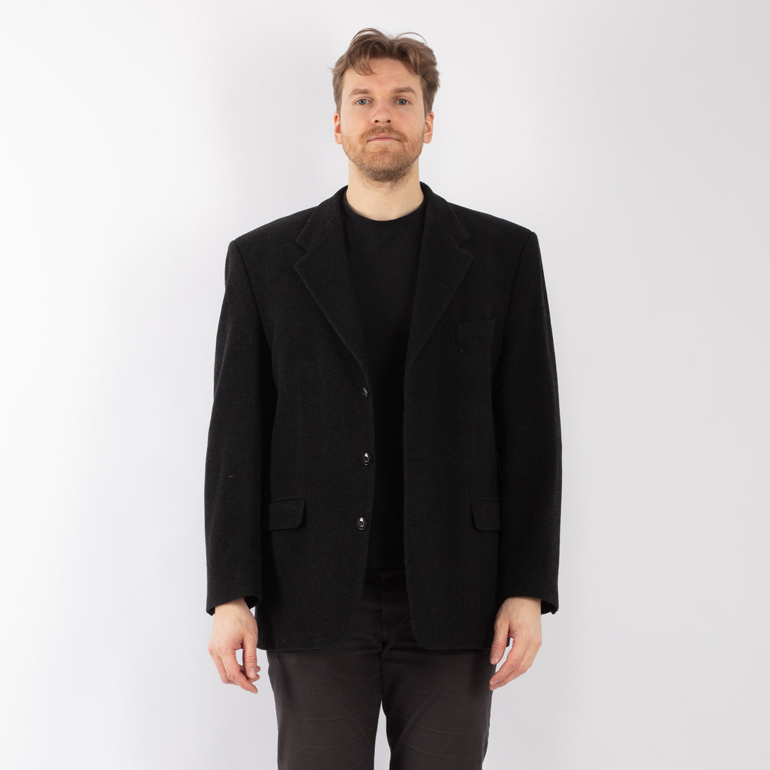 Vintage 90's Men Cashmere Wool Blend Blazer Jacket in Dark Gray