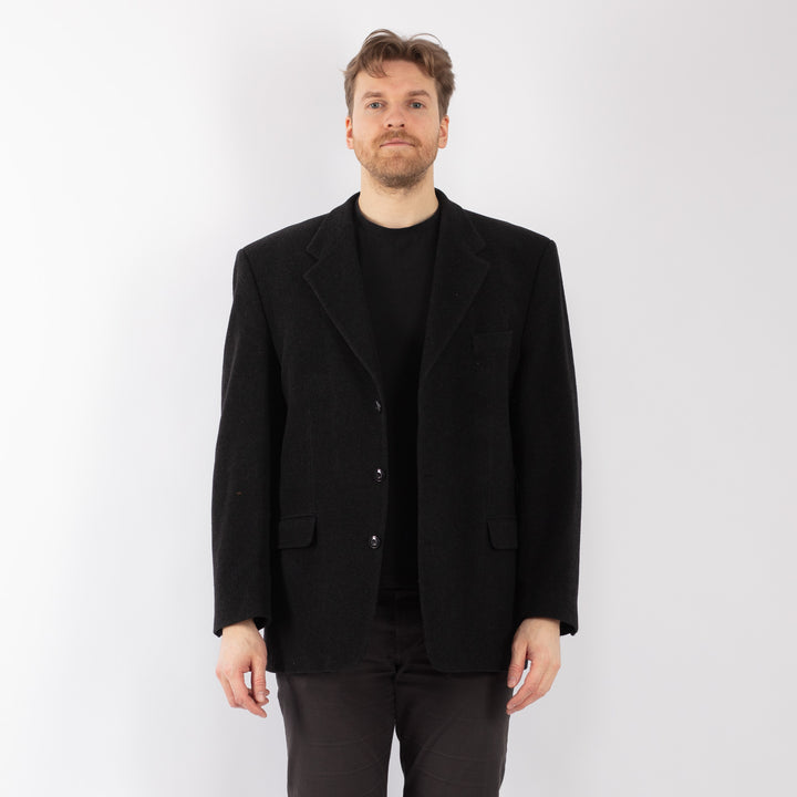 Vintage 90's Men Cashmere Wool Blend Blazer Jacket in Dark Gray