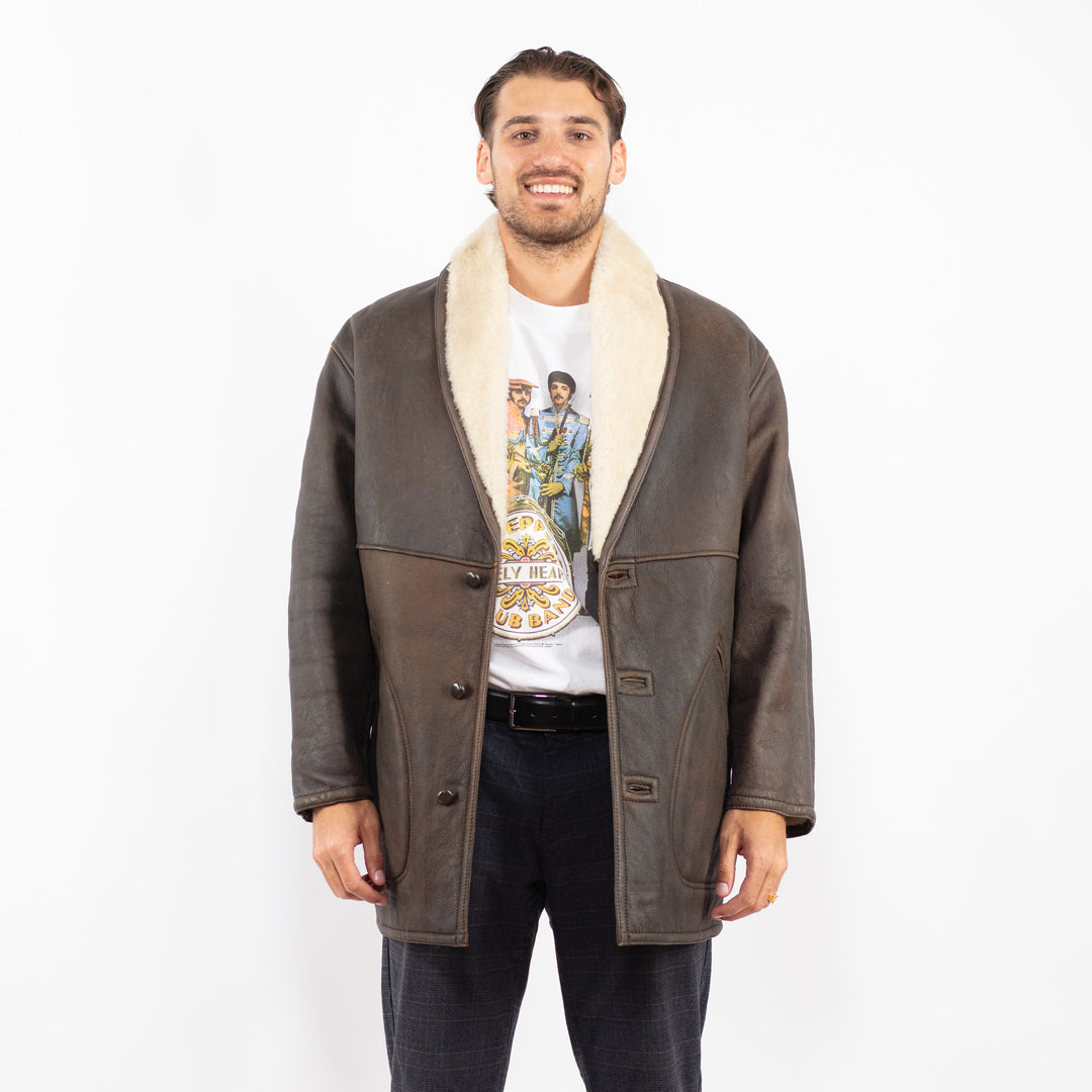 Vintage 80's Men Sheepskin Shearling Coat in BrownZ2254