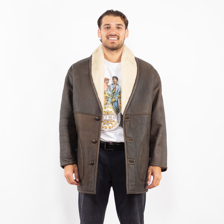 Vintage 80's Men Sheepskin Shearling Coat in BrownZ2254