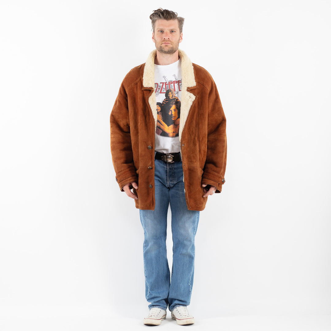 Vintage 80's Men Sheepskin Shearling Coat in BrownZ1792