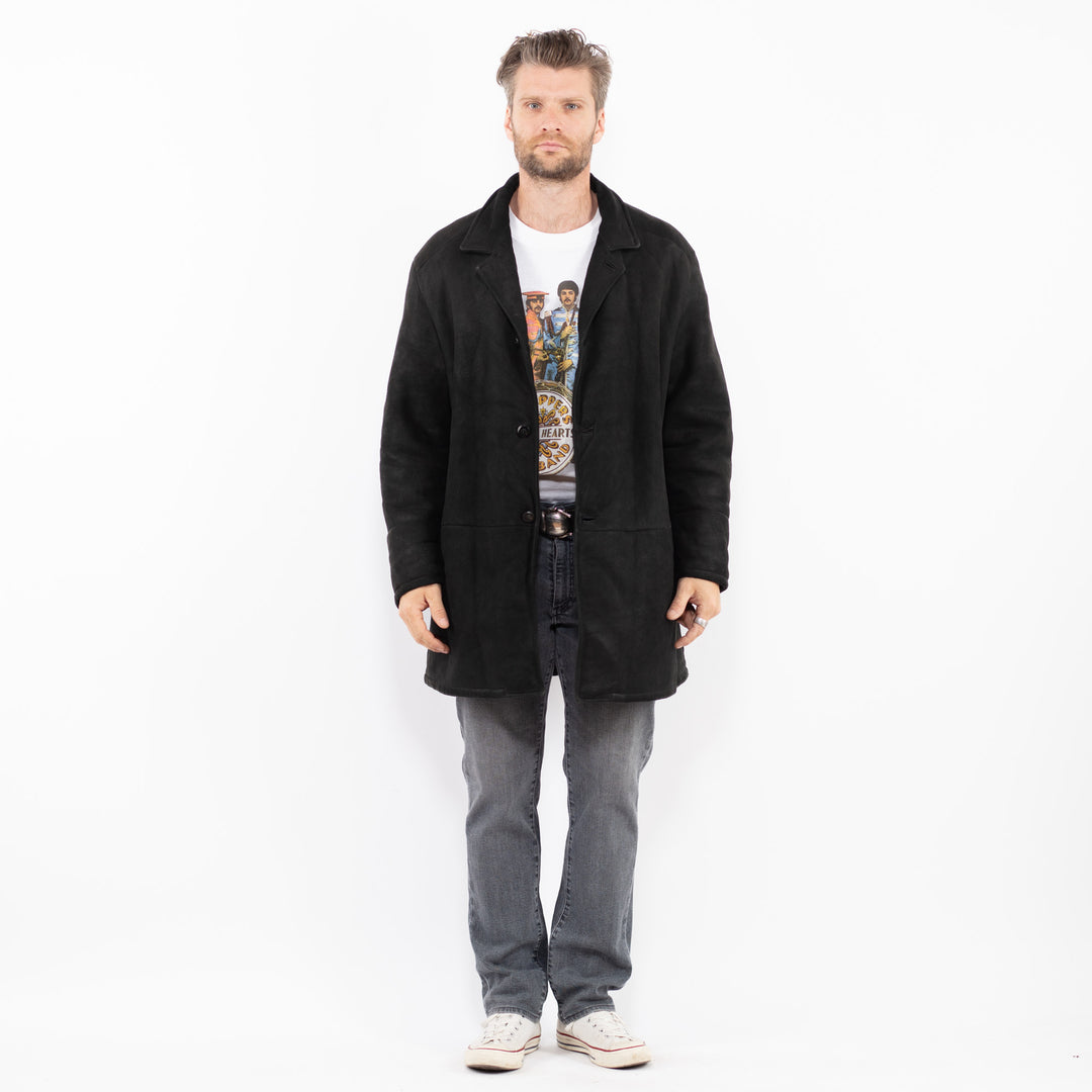 Vintage 80's Men Sheepskin Shearling Coat in BlackZ2027