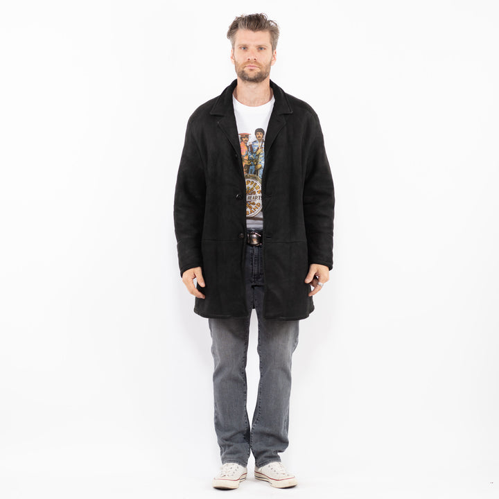 Vintage 80's Men Sheepskin Shearling Coat in BlackZ2027
