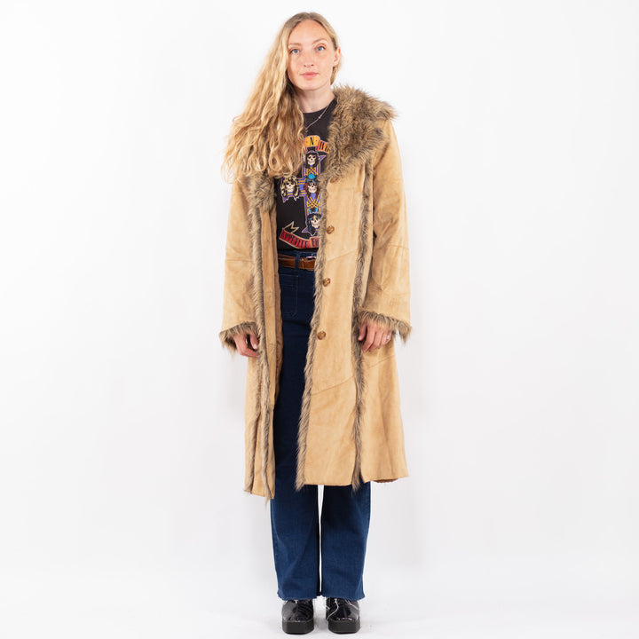 Vintage 90's Women Suede Sherpa Coat in BeigeA0481