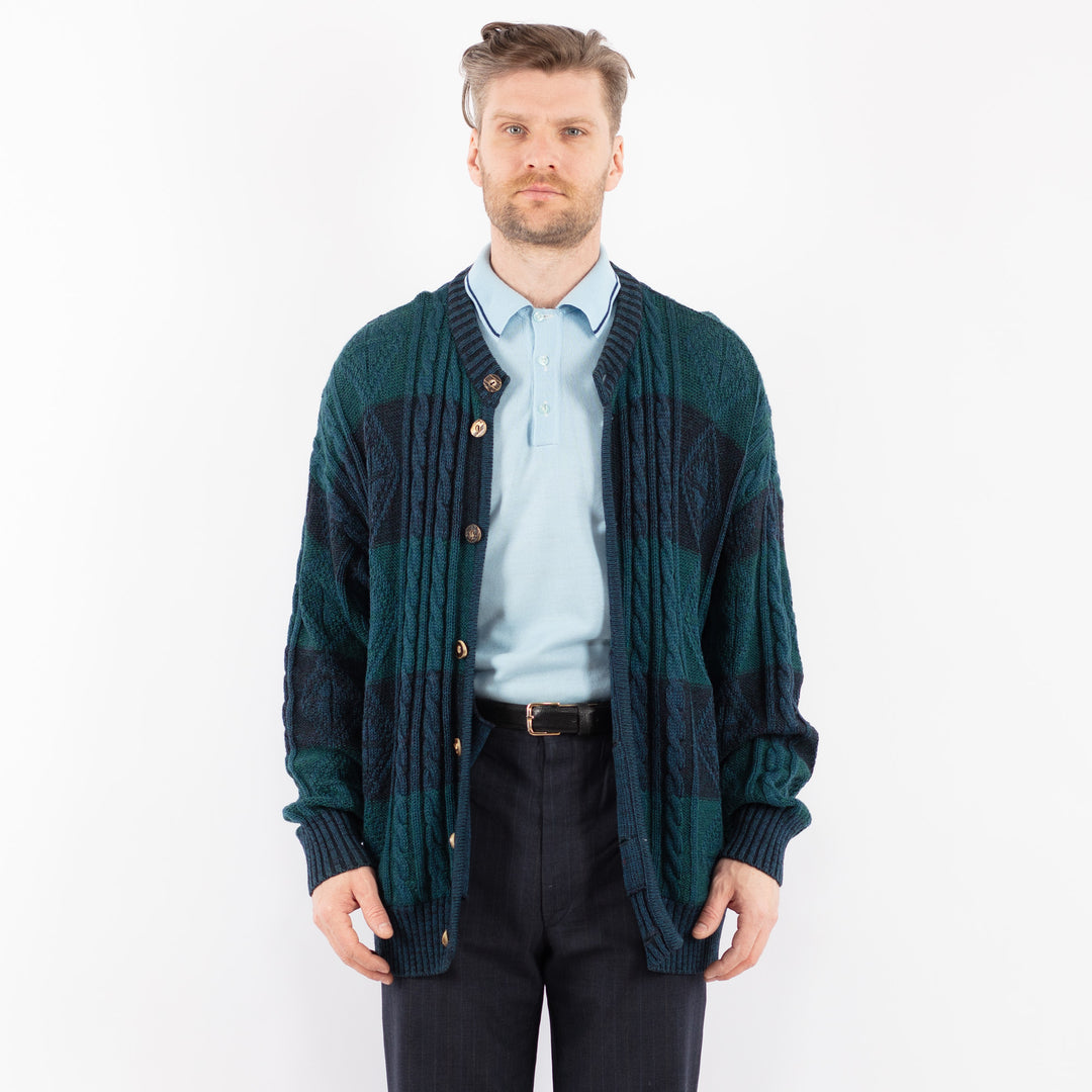 Vintage 80's Men Knit Cardigan in Teal Blue