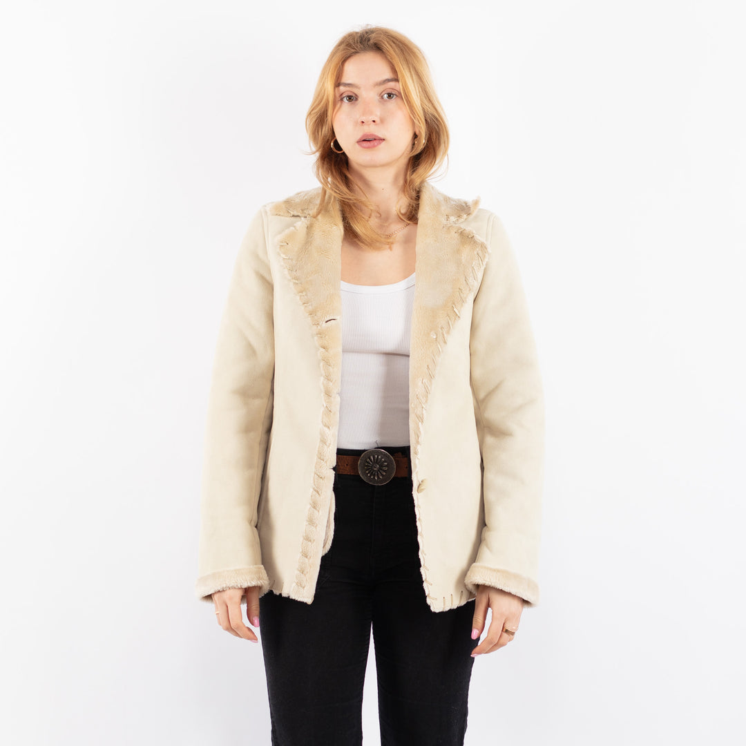 Vintage Women Faux Sheepskin Jacket in BeigeV9737