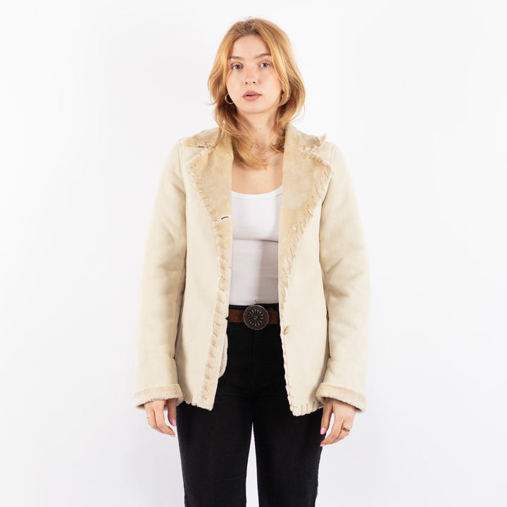Vintage Women Faux Sheepskin Jacket in BeigeV9737
