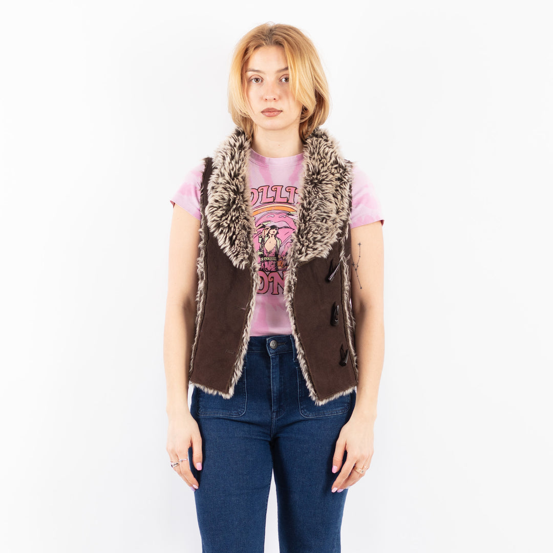 Vintage 00's Women Faux Sheepskin Vest in BrownV9639
