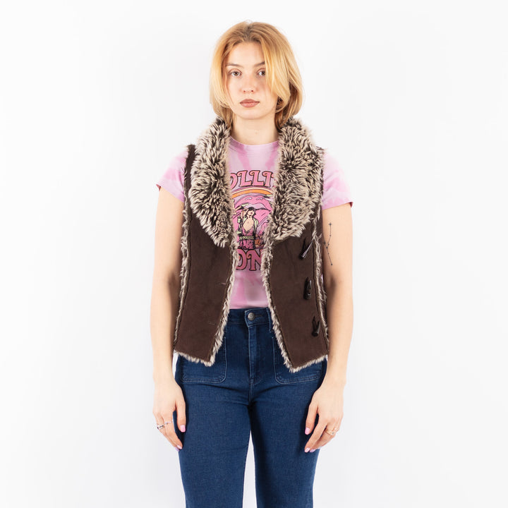 Vintage 00's Women Faux Sheepskin Vest in BrownV9639