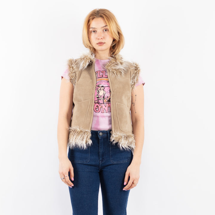 Vintage 00's Women Faux Sheepskin Vest in BeigeV9640