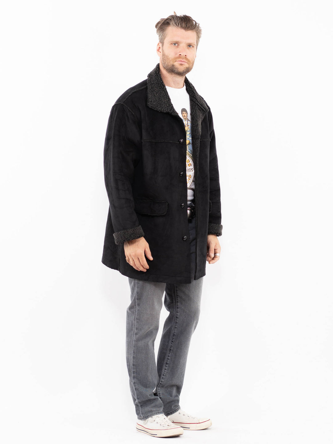 Vintage 00's Men Faux Sheepskin Coat in BlackZ2017