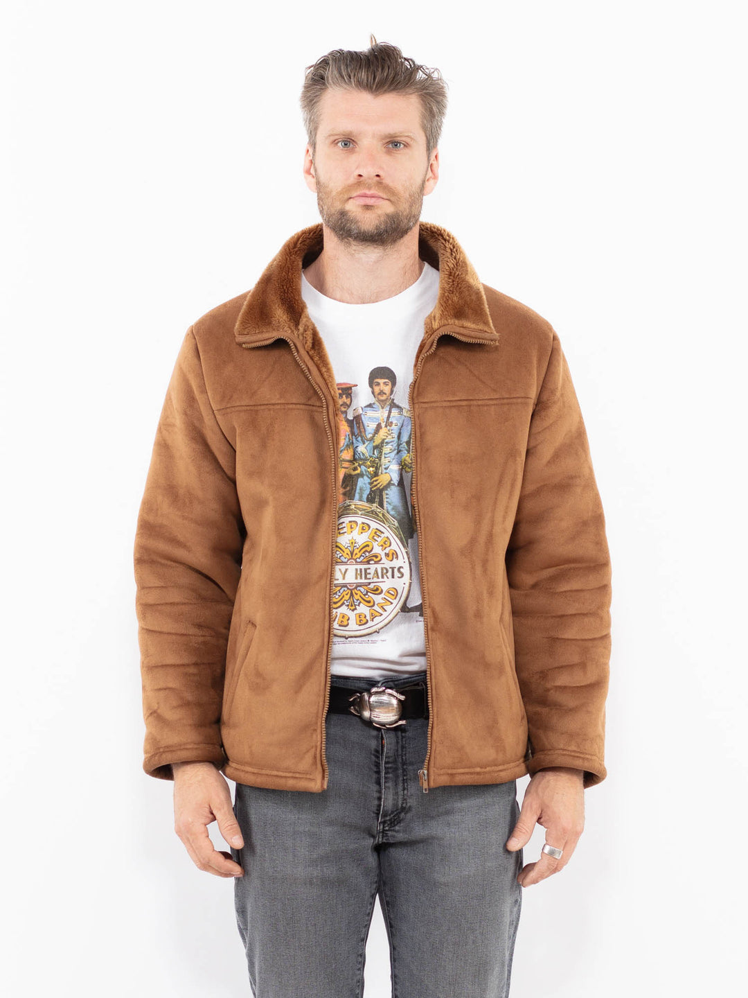 Vintage 00's Men Faux Sheepskin Jacket in BeigeZ2018