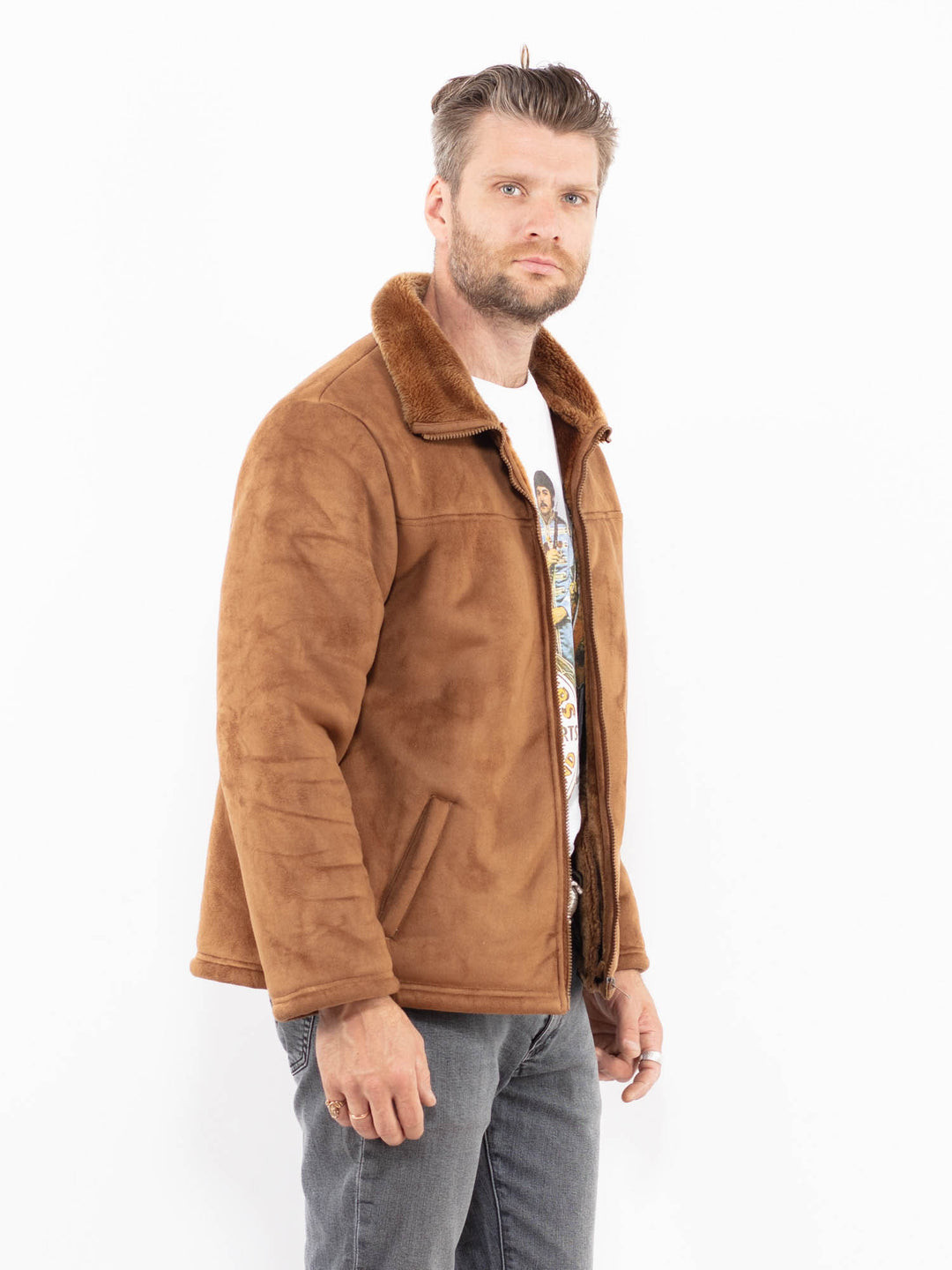 Vintage 00's Men Faux Sheepskin Jacket in BeigeZ2018