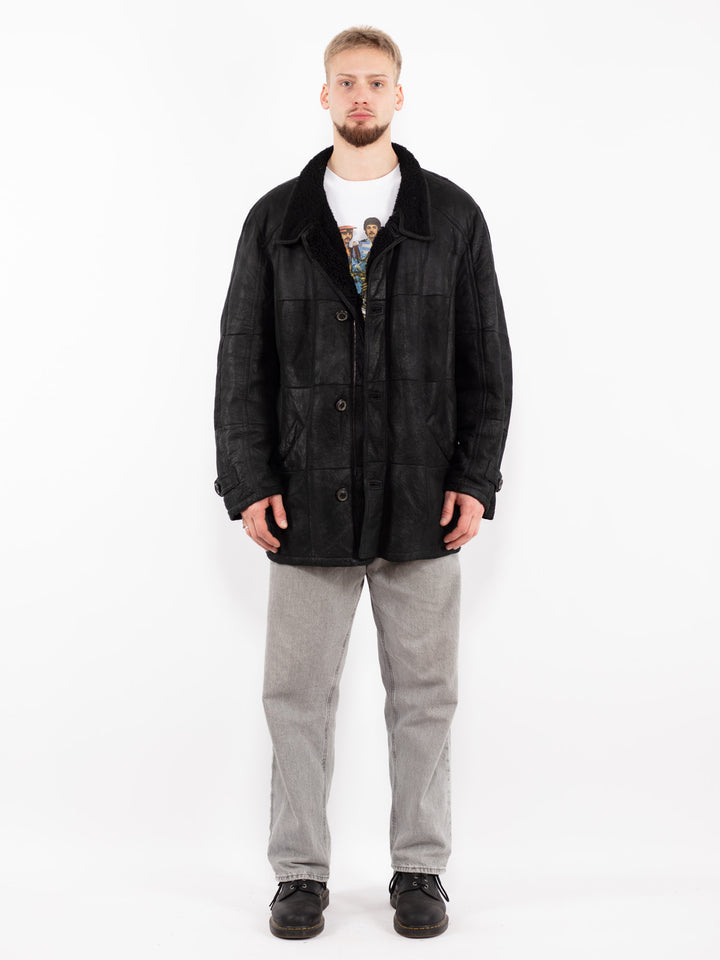 Vintage 00's Men Sheepskin Leather Coat in Black