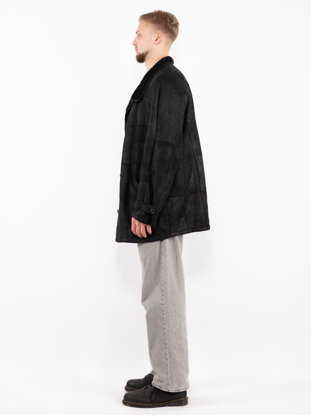 Vintage 00's Men Sheepskin Leather Coat in Black