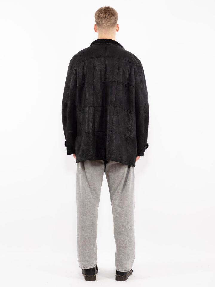 Vintage 00's Men Sheepskin Leather Coat in Black