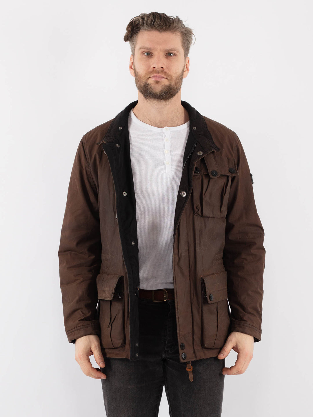 Vintage 00's Men Waxed Canvas Jacket in BrownZ916