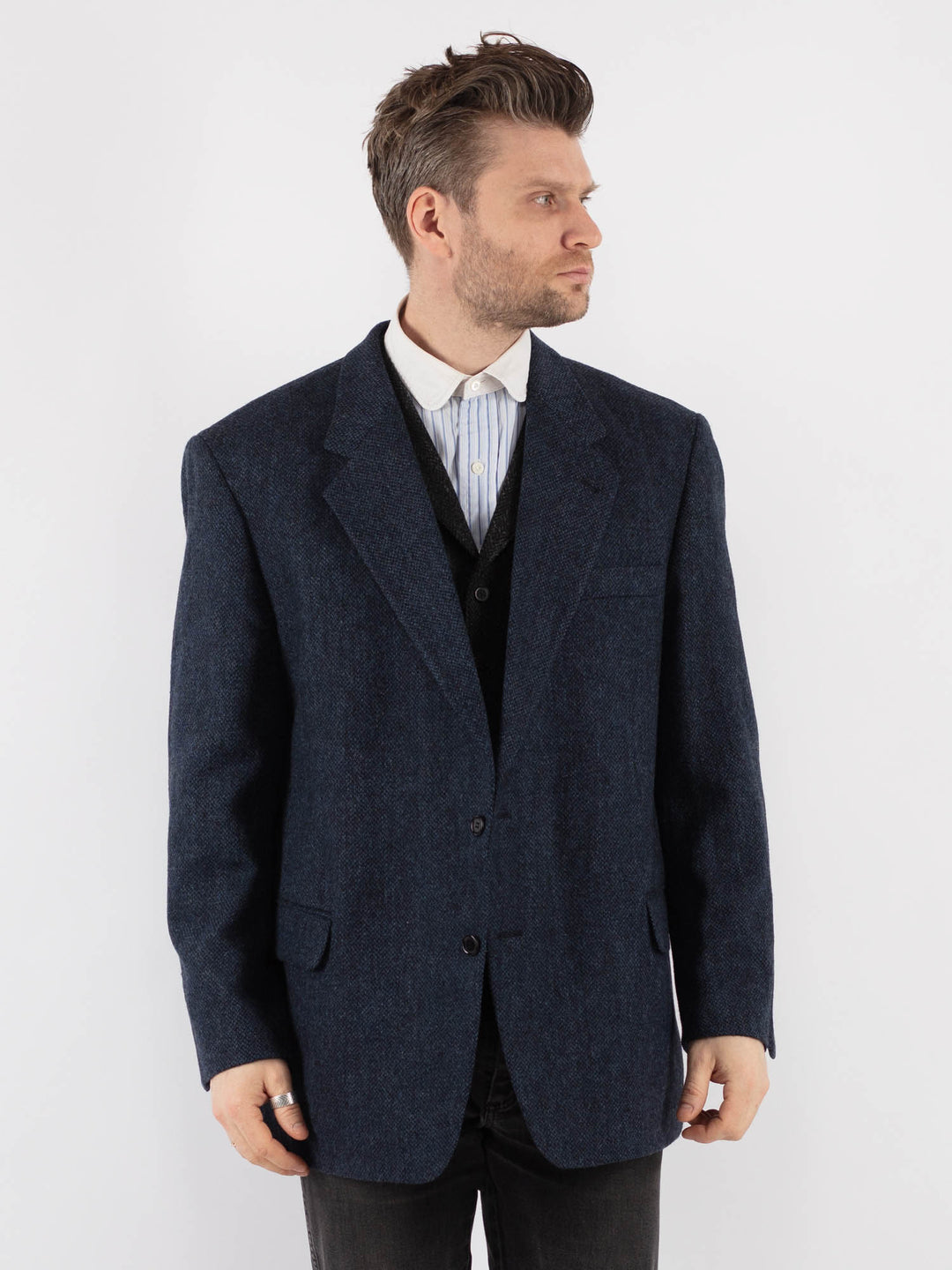 Vintage 00's Men Wool Blazer Jacket in BlueZ738