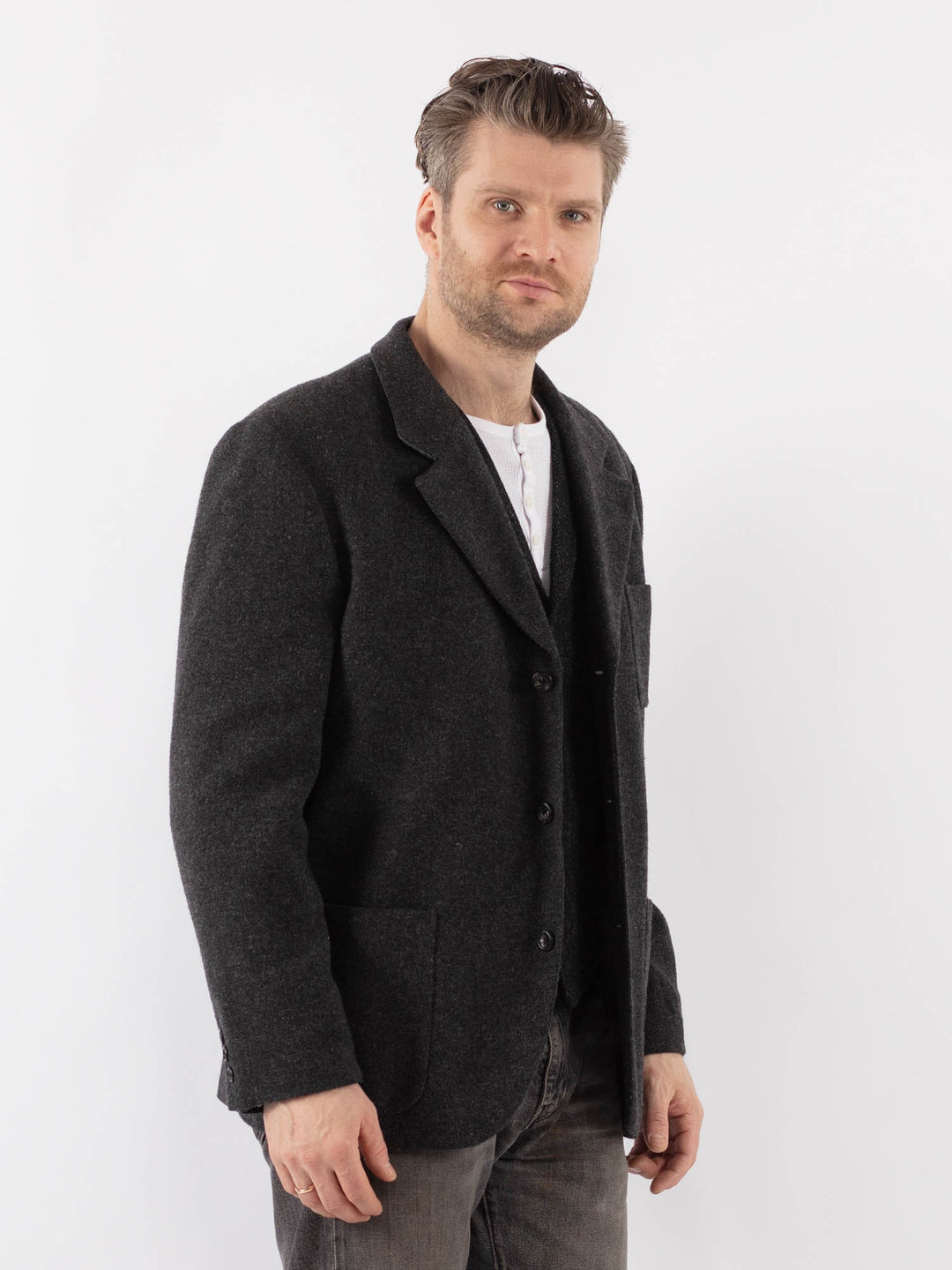 Vintage 00's Men Wool Blazer Jacket in GrayZ1077