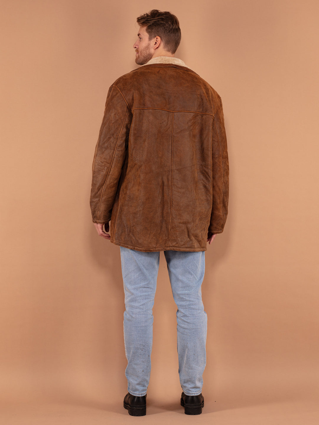 Men Sheepskin Coat, Size Large XL Brown Leather Coat, Vintage Leather Outerwear, Retro Leather Coat, Grunge Leather Coat, 00's Clothing