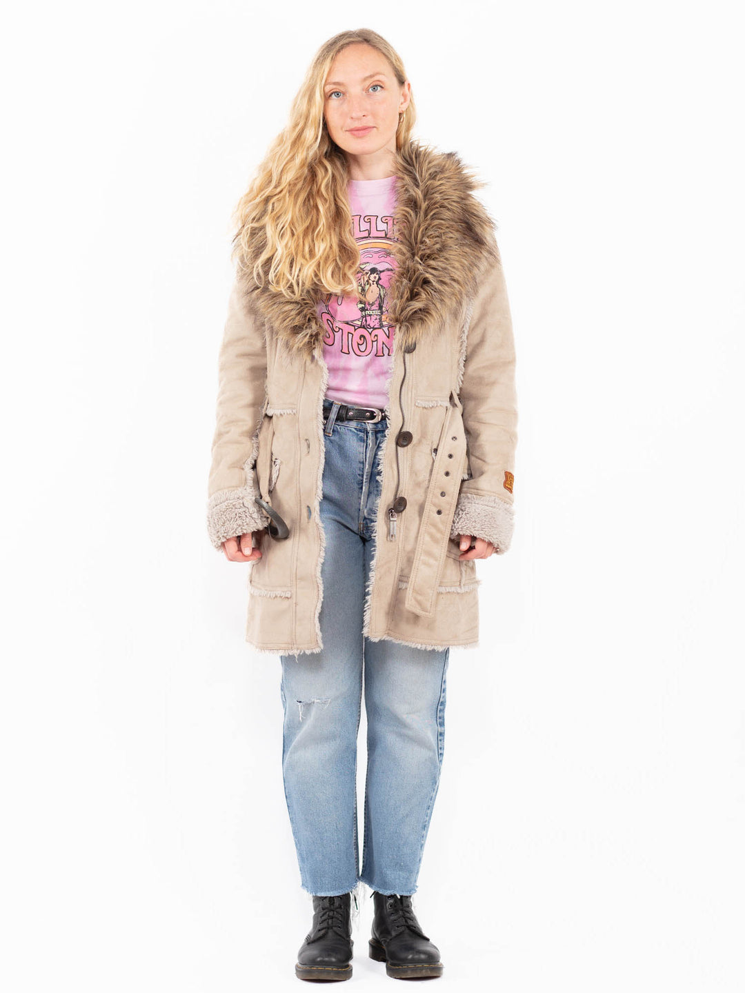 Vintage 00's Women Faux Sheepskin Coat in BeigeA0500