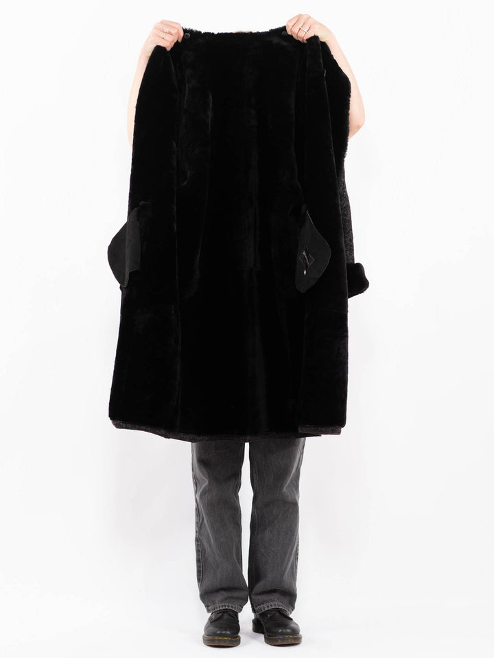 Vintage 90's Women Faux Sheepskin Coat in BlackA0624