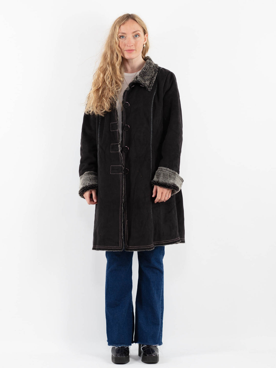 Vintage 00's Women Faux Sheepskin Coat in GrayV9916