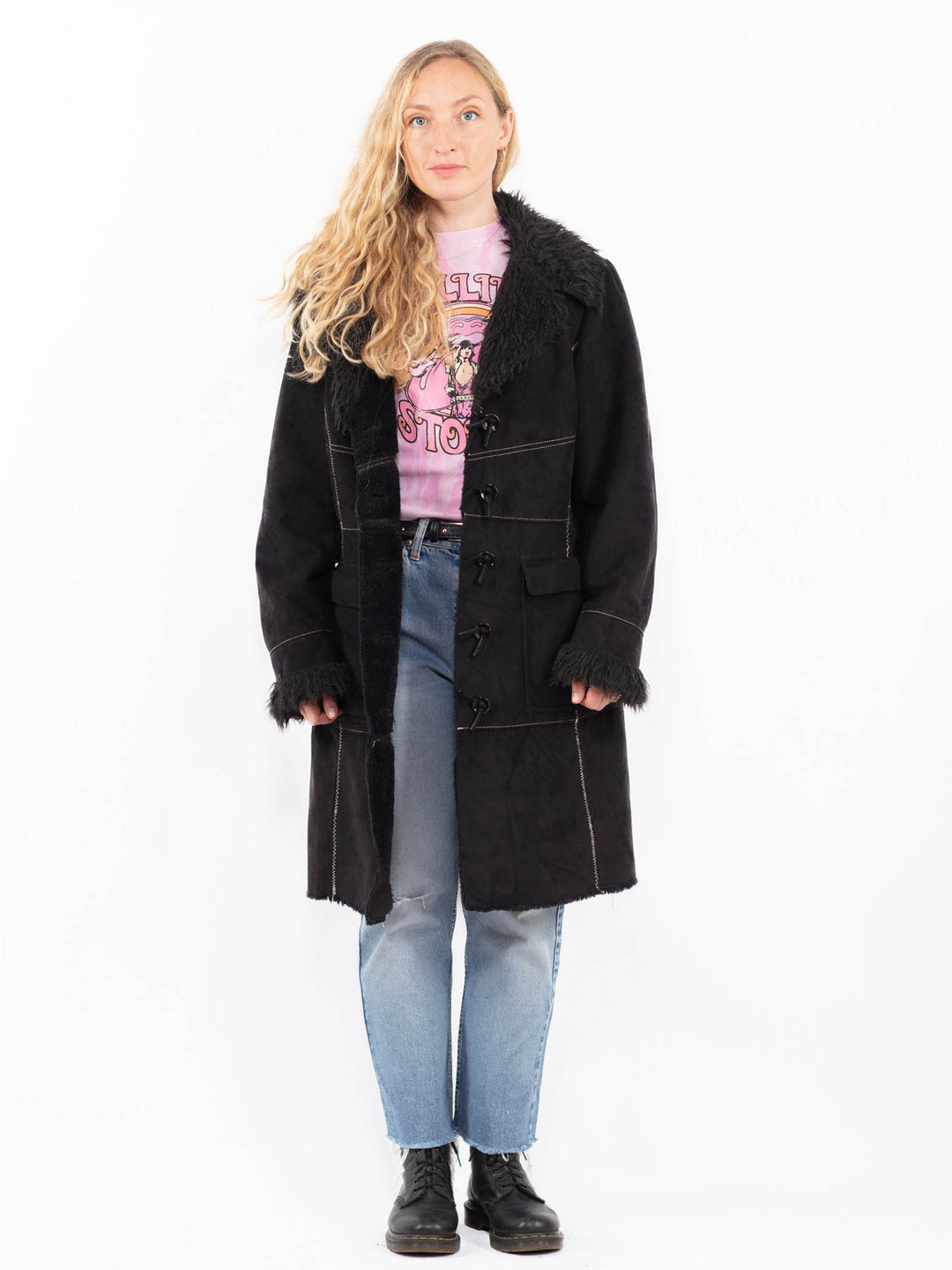 Vintage 00's Women Faux Sheepskin Coat in BlackA0569