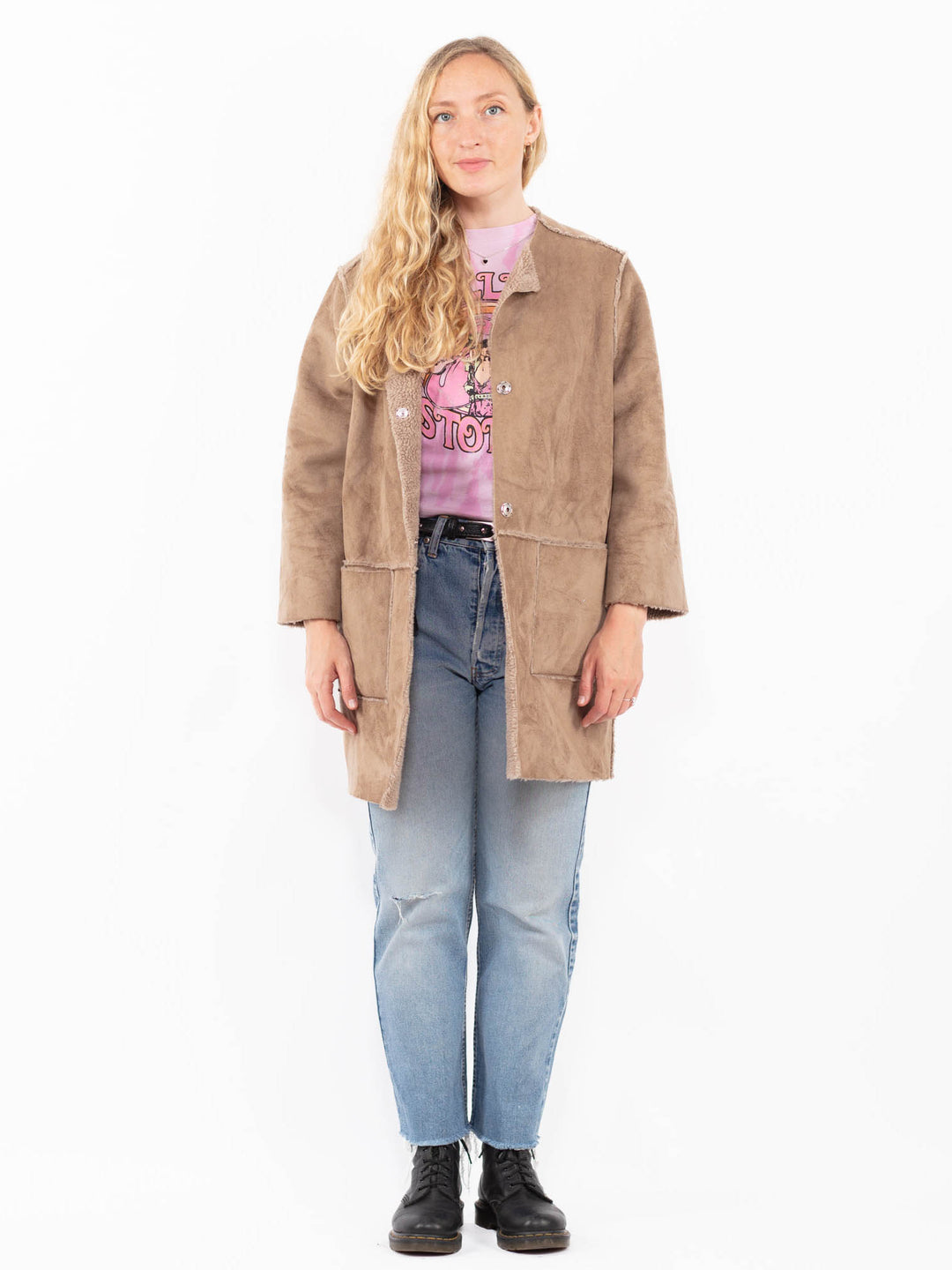 Vintage 00's Women Faux Sheepskin Coat in BeigeA0574