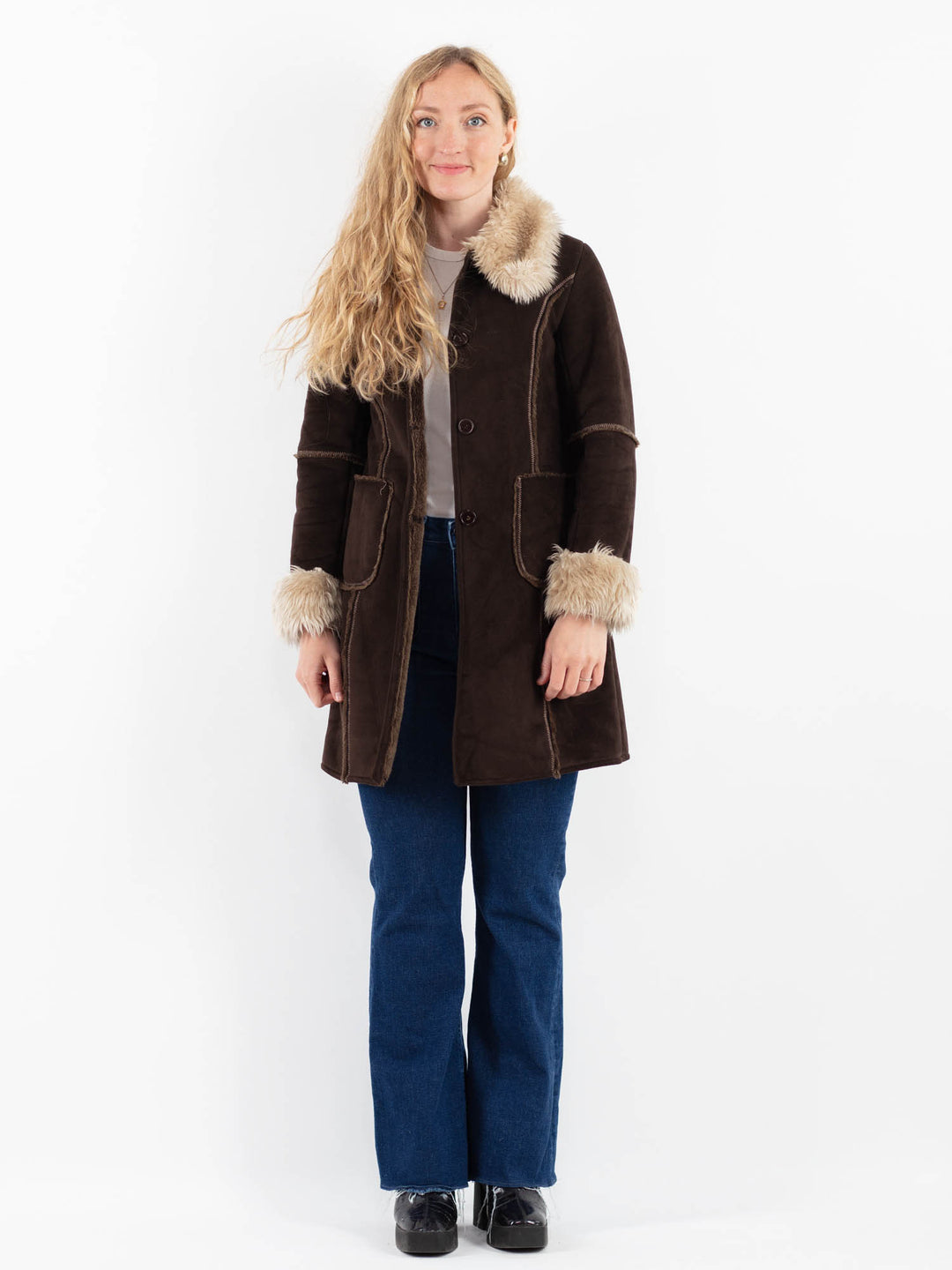 Vintage 00's Women Faux Sheepskin Coat in BrownV9928