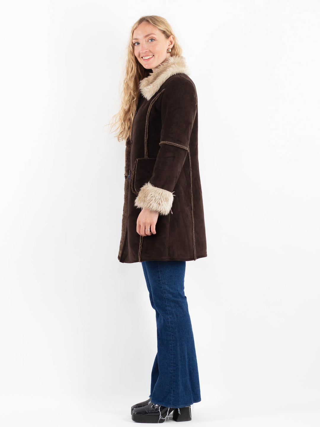 Vintage 00's Women Faux Sheepskin Coat in BrownV9928